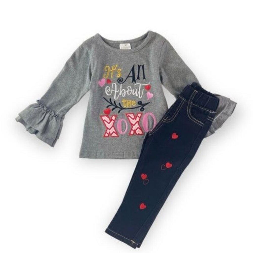 "Girls 2-Piece Outfit: Ruffle-Sleeve Top & Heart-Embroidered Jeans Size 12-18 Mo